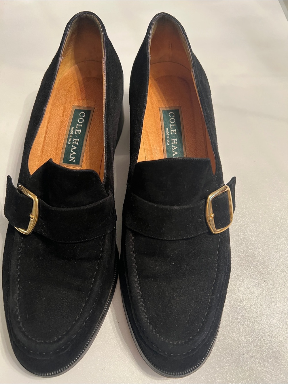 Cole Haan Black Suede Loafers with Gold Buckle